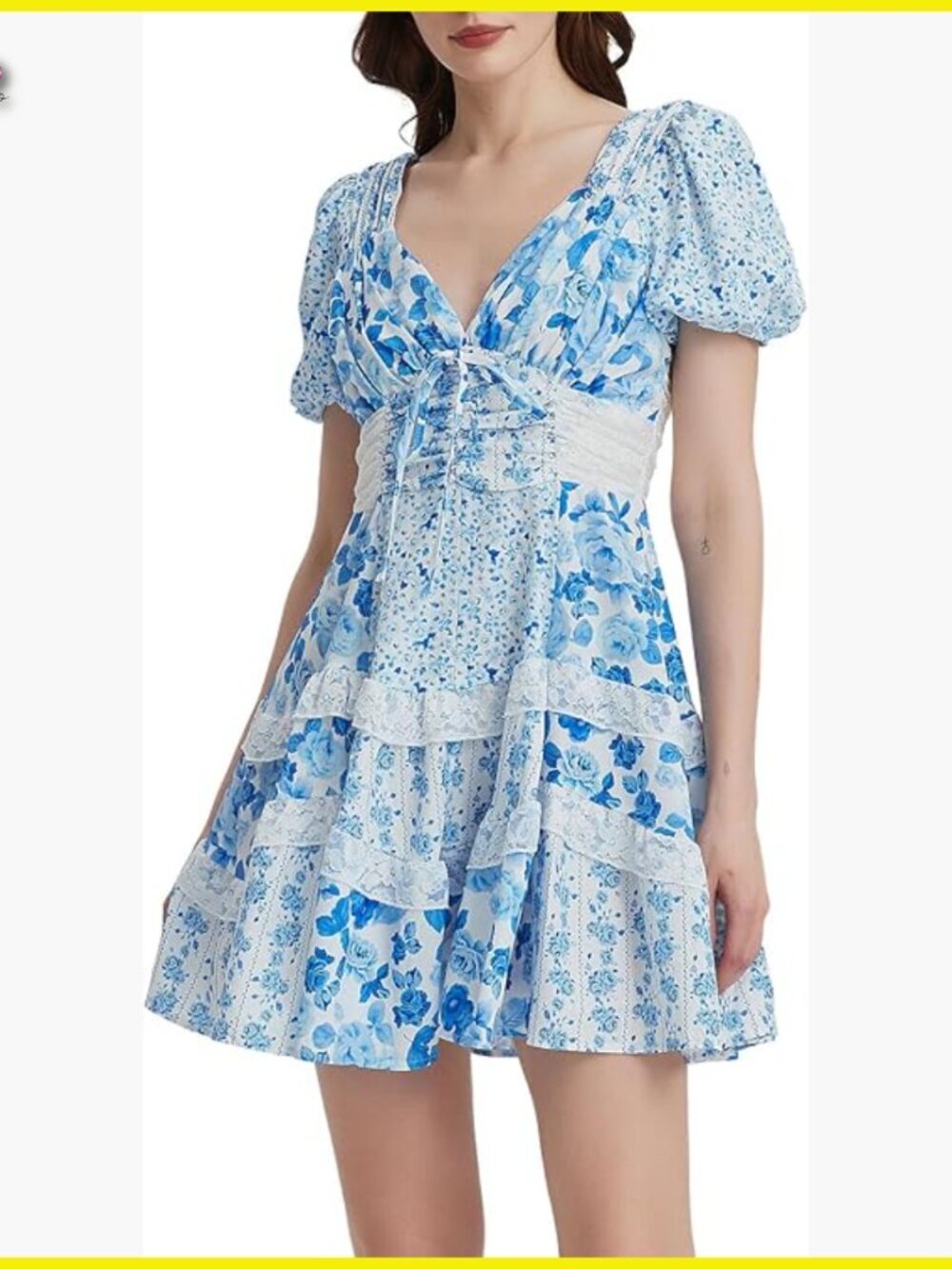 Floral Babydoll Dress V-Neck Lace Ruffle Tiered Mini Sundress Puff Sleeve